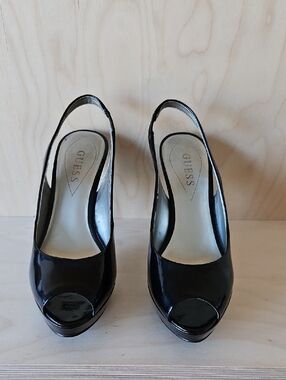 GUESS Black Patent Peep-Toe Slingback Heels